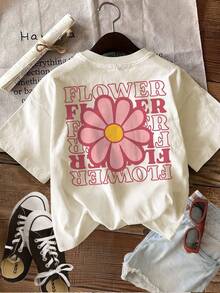 Women's Reversible Summer Casual Printed T-Shirt, Vintage Style, Floral And Text Designs, Round Neck, Short Sleeves - Unisex Loose Cotton Short-Sleeved Round Neck Urban Vintage Style T-Shirt, Blouses For Women. Casual Blouses For Ladies. - 杏色 - 查看 1
