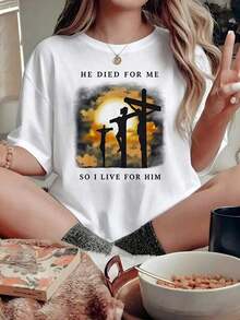 100% cotton Playera Negra con Frase Cristiana "Él Murió Por Mí" y Gráfico de Jesús en la Cruz, Camiseta de Fe y Escritura Religiosa, Blusa Oversize Holgada de Alabanza, Tops Regalo Cristiano - Blanco - Ver 1