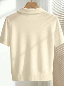 New 2026 Collection: Women's Solid Color Fitted Knit Blouse, Spring/Summer, White, Simple, Casual, With Roll Neck And Raglan Short Sleeves. Solid Color Blouses, Pink Blouses, Baby Pink Blouses. - 淡黃色 - View 2
