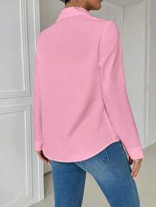 Blusa blanca casual con cuello y bolsillo, de manga larga ajustada para mujeres - Rosa - Ver 2