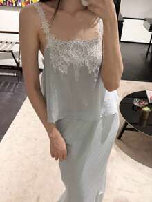 Áo hai dây nữ GMFP kiểu dáng thanh lịch, nhẹ nhàng, viền ren, thích hợp cho mùa hè/thu và các dịp lễ hội tháng Sáu. - Màu xanh nhạt - Xem 5