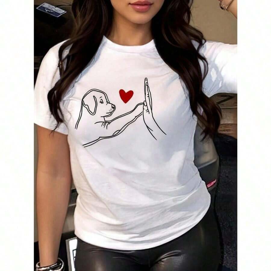 Women's T-Shirt, 1 Pc. Casual Short-Sleeved Blouse With A Loving Puppy Print For Women. 180g 100% Cotton. Comfortable And Lightweight. - 白色的 - 查看 1