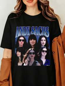 ANDY SACHS THE DEVIL WEARS PRADAS T-Shirt, Annes Hathaways Vintage Portrait Tee, Fashion Movie Merch, Aesthetic Streetwear Unisex, Annes Hathaways As Andy Sachs In Retro 90s Style Vintage Rap T-Shirt - Black - View 6