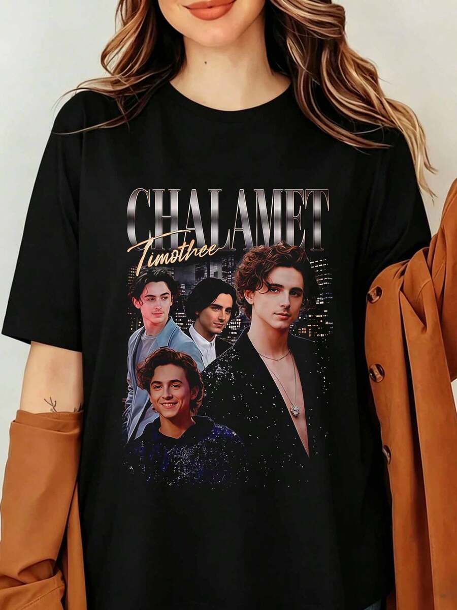 TIMOTHEE CHALAMET Vintage Portrait T-Shirt, Retro 90s Actor Graphic Tee, Aesthetic Celebrity Tribute Merch, Streetwear Unisex Black Cotton Short Sleeve Top, Timothée Chalamet Collage T-Shirt - Black - View 1