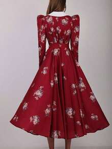 Vestido largo estampado vintage primavera 2026, cintura ajustada y corte amplio elegante - Rojo - Ver 2