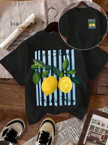 Women's Summer Shirt With Lemon Stripe Pattern Printed Front And Back Casual Round Neck Short Sleeve Daily Wear Holiday Summer - Black - View 8