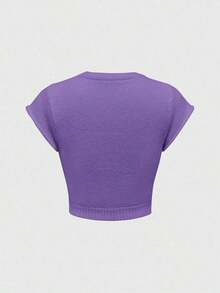 Chaleco de punto para mujer, estilo universitario, lindo e inocente, con bordado de cerezas, cuello redondo y mangas de murciélago. - Morado - Ver 2