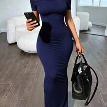 Solva Women's Solid Color Off Shoulder Elegant Waist-Cinched Long Dress, Suitable For Party & Outing - Azul Marino - Ver 1