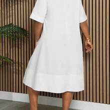 Slayr Plus Size Elegant & Commuting & Vacation & Daily Loose White Short Sleeve Dress With Notched Collar And A-Line Hem, Knee-Length, Spring/Summer -Z,Graduation Dress - Verde militar - Ver 3