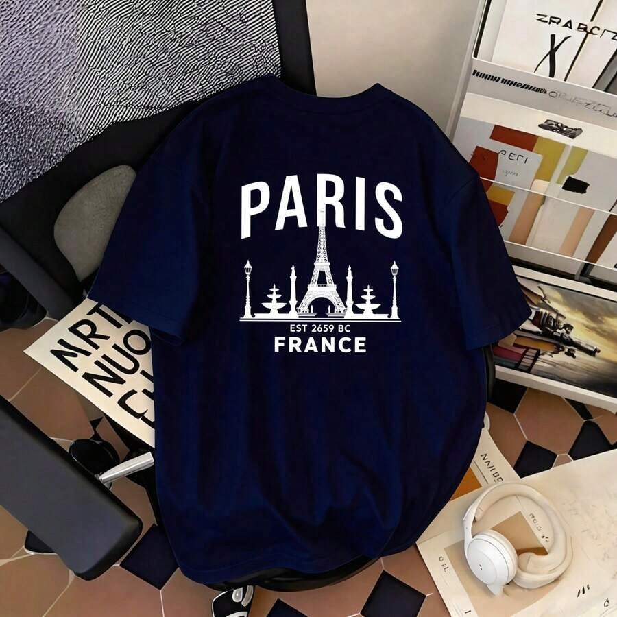 Women's Oversized T-Shirt With Retro Graphic Print Of The Eiffel Tower Of Paris, French Cityscape Design, Casual Daily Wear, Loose Fit, Machine Washable, Stylish Women's Top | Casual Everyday Top - 藏蓝色 - 查看 1