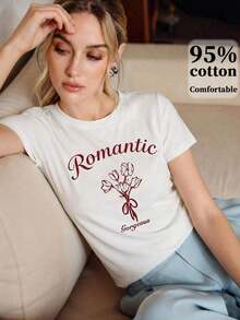 1pscAnewsta Camiseta Estampada Elegante y Divertida para Mujer, Adecuada para el Uso Diario, 100% Algodón - Blanco 2 - Ver 3