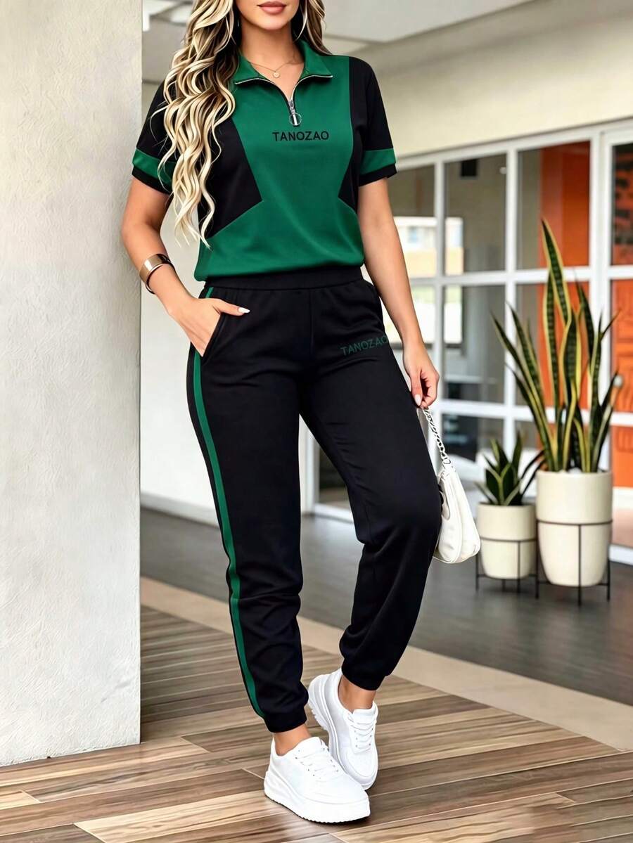 Spring/Summer Women's 2-Piece Set, Casual Fashion Sports Versatile Contrast Color Zipper Polo Collar Printed Short Sleeve Top And High Waist Striped Capri Pants Elegant - Dark Green - View 1
