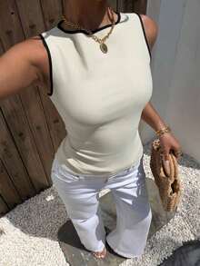 Blusa casual sin mangas para mujer, ropa de verano de tela tipo seda, con lazo grande en la espalda, top de lunares, camisa de verano - Albaricoque - Ver 6