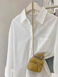 Camisa casual de mujer de manga larga con botones frontales y bolsillo de unicolor - Blanco - Ver 3
