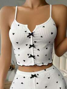 Top de pijama de mujer con estampado de corazones y decoración de moño - Blanco y Negro - Ver 3