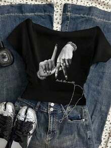 Camiseta de manga corta ajustada con hombros descubiertos y pliegues en la cintura, con estampado de limón, adecuada para el verano - Negro 5 - Ver 4