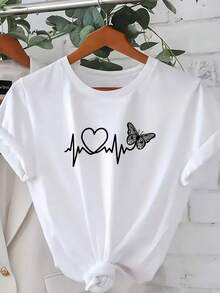 Camiseta de Mujer con Estampado de Mariposas en Forma de Corazón, Estilo Moderno y Elegante, Popular en Europa y América, Ropa de Mujer Elegante y Cómoda para Primavera/Verano/Otoño, Top Casual de Manga Corta con Cuello Redondo, Lavable a Máquina, Ropa de Mujer de Tallas Grandes a la Moda. LJG8 - Blanco - Ver 2