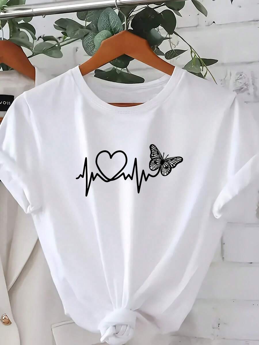 New Fashion Collection 2026: Women's T-Shirt With Heart-Shaped Butterfly Print, Cute And Elegant, Best Seller In Europe And America, Stylish And Comfortable Women's Clothing For Spring/Summer/Autumn, Casual Short Sleeve Round Neck Top, Machine Washable, Fashionable Plus Size Women's Clothing. - 白色 - 查看 1
