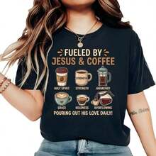 1 "Powered By Jesus And Coffee" T-Shirt - Christian Faith Graphic Tee For Men And Women, Inspirational Gift For Coffee Lovers, Vintage Short Sleeve Cotton Casual T-Shirt, Spiritual And Biblical Apparel, Sizes S-5XL W6AP180g 100% Cotton. - 黑色 - 查看 8