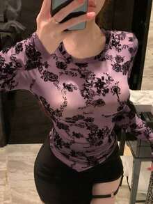 Camiseta de manga larga ajustada con diseño asimétrico para mujer, color negro, para verano - Morado - Ver 1