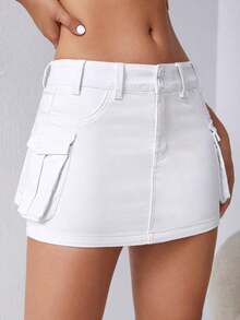 Minifalda de tela vaquera de tiro bajo, de moda para el verano - Blanco 2 - Ver 3