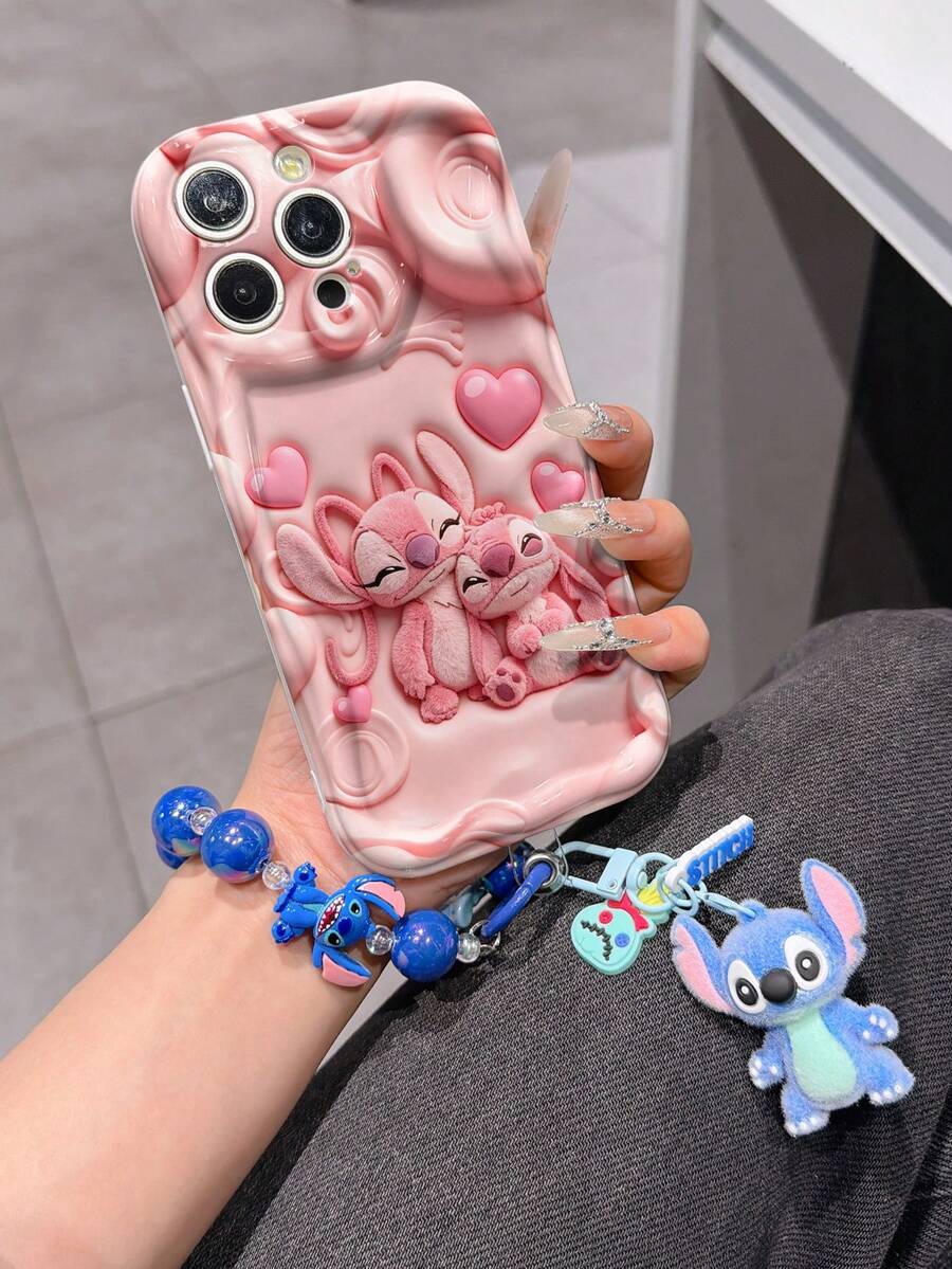 Disney Has Authorized, Phone Case - Chain Set, The Stitch Lilo & Stitch 3D Phone Case Plus A Silicone 3D Stitch Bracelet With Metallic Ring Removable Bracelet, Stitch And Angel Pattern, Compatible With Iphone17/16/15/14/13/12/11/XS/XR/X Plus Pro Max, A Stylish Cartoon Phone Case, The Perfect Gift Choice, Phone Protection, Durable Phone Cover, Great Gift For Friends And Family. - 白色 - 查看 1
