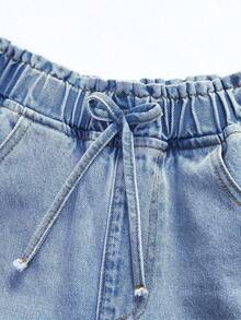 Sparklyn Jeans de pierna ancha con cordón para adolescentes, para todas las estaciones, estilo retro callejero, lavado azul medio con desgaste natural, cintura elástica con cordón para comodidad, silueta de pierna ancha que favorece las piernas, tela de mezclilla de algodón suave y elástica, versátil para uso diario, viajes, reuniones, festivales de música, opción principal de jeans de pierna ancha para primavera/verano - Lavado ligero 2 - Ver 3