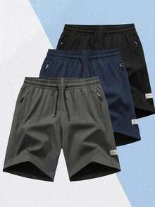 Pantalones cortos de verano para hombres de secado rápido, pantalones cortos deportivos casuales de unicolor minimalista con bolsillo con cremallera, pantalones de playa cómodos y transpirables - Gris - Ver 4