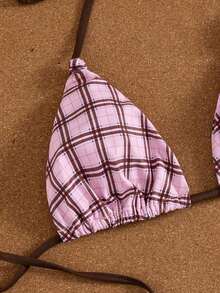 Swim Mod Conjunto de bikini de dos piezas con estampado de frutas y verduras en todo el diseño, con escote halter y lazos, para vacaciones de verano - Multicolor 4 - Ver 4