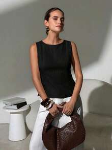 Camisa blanca sin mangas de algodón y lino, ajustada, con botones de nudo de bambú, estilo vintage para oficina - Negro - Ver 4