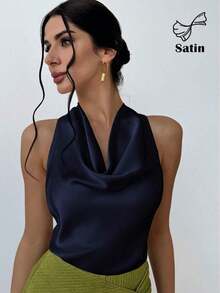 Blusa de mujer simple y elegante en tono albaricoque con cuello en V y corbata en la cintura. - Azul marino - Ver 8