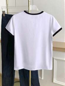 Camiseta de mujer con cuello redondo y bloque de color con pequeño estampado floral - Blanco 6 - Ver 2