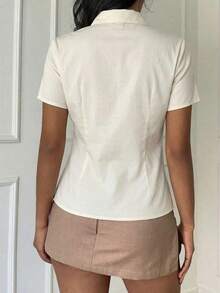 Blusa de cuello Mao de manga corta con cintura ceñida, estilo chino nuevo en color albaricoque, nuevo diseño de primavera/verano para mujer - Multicolor 3 - Ver 2