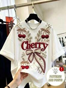 Camiseta de mujer de moda casual con cuello redondo y hombros caídos, camiseta con bordado de cereza, camiseta con bordado de toalla de cereza, camiseta casual y cómoda para exteriores, camiseta para todas las estaciones, camiseta con estampado de frutas - Rojo - Ver 5