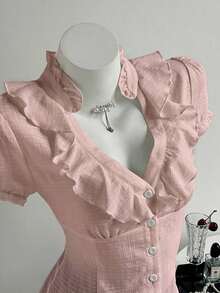 Camisa de mujer con cuello en V, cintura fruncida y manga corta, color blanco, para primavera/verano - Rosa 2 - Ver 6