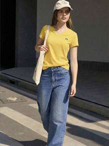Camiseta de manga corta casual de verano para mujer con estampado de lazo - Amarillo - Ver 3