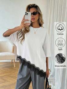 LUNE Camiseta básica de mujer de uso diario para primavera y verano, de unicolor, con dobladillo asimétrico y parches de encaje - Blanco y Negro - Ver 1