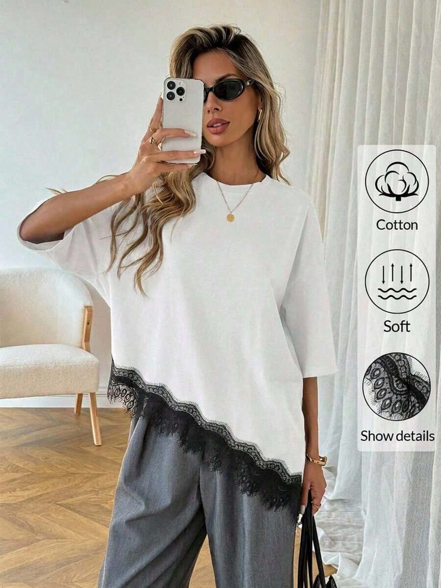 LUNE Camiseta básica de mujer de uso diario para primavera y verano, de unicolor, con dobladillo asimétrico y parches de encaje - Blanco y Negro - Ver 1