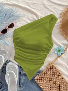 asimétrica con hombro descubierto de color amarillo pálido, adecuada para vacaciones de verano - Verde - Ver 4