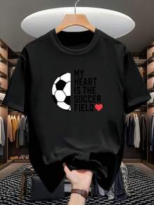 Camiseta gr£fica de ftbol para hombres y mujeres - "Mi corazn es el campo de ftbol" con diseo de pelota de ftbol negra y blanca y corazn rojo, tejido transpirable y r£pido secado, camiseta casual de cuello redondo para fan£ticos de deportes, camisetas de ftbol, mercanc■a de fans, ropa deportiva casual, ajuste cmodo, impresin duradera. - Negro - Ver 2