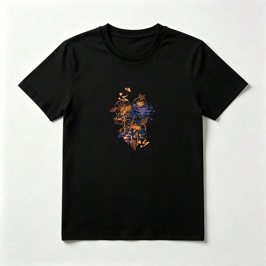 Playera con Estampado de Flores Salpicadas Negra de Algodón Cómoda - Negro - Ver 1