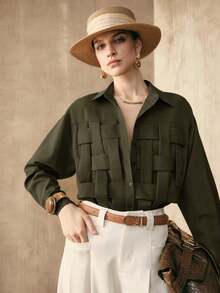 Camisa de mujer de tejido liso de punto a mano con hombros rectos, mangas largas, abertura media, diseño de estructura de punto a mano, uso casual, camisa marrón para verano y primavera - Verde militar - Ver 7