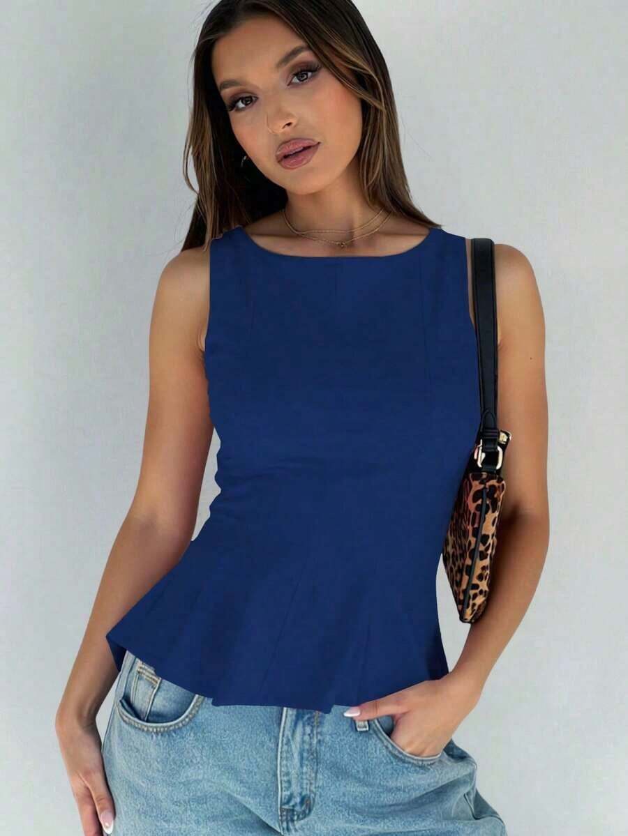 1 pieza Blusa informal de tejido de punto con volante y unicolor, apropiada para el verano - Azul marino - Ver 1