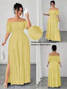 Vestido casual elegante de talla grande para mujer de primavera/verano, en azul sólido de aspecto de mezclilla con cintura fruncida y con abertura lateral - Amarillo - Ver 5