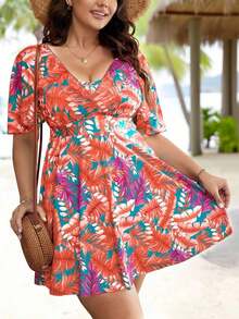 Swim Lushore Vestido de traje de baño con estampado de plantas tropicales, mangas con volantes y Bottom triangular para mujeres de talla grande - Multicolor 2 - Ver 5