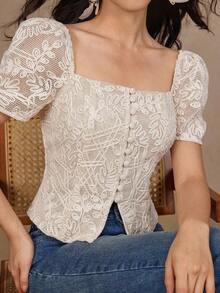 Blusa elegante de mujer de unicolor con jacquard, top tipo babydoll de verano - Beis - Ver 3