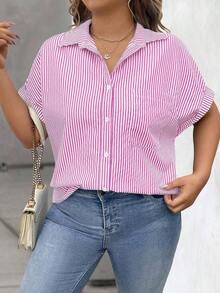 Vionelle Blusa casual de talla grande para mujer con estampado de rayas azul y blanco, de manga corta y abotonada, para el verano - Rosa - Ver 3