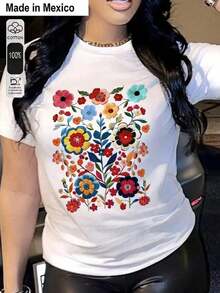 Plus Size Printed T-Shirt For Women, Modern And Realistic Style, Black T-Shirt With A Decorative Pink Bow On The Back, Round Neck T-Shirt For Women, 180 Grams 100% Pure Cotton, Cool And Comfortable, Suitable For Everyday Life, Sports, Gym, Travel, Gifts, Summer Vacation, Mexican Independence Day. - 白色 - 查看 5