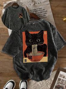 Short-Sleeve T-Shirt With A Ramen Cat Print, Unique Small-Batch Design, Plus-Size Washed Cotton Women's Clothing, Everyday Wear, Snowflake Print Fabric, Comfortable Crew Neck Loose Casual Top, Distressed Vintage T-Shirt, Standard Fit Women's Clothing, Spring/Summer Clothing, Plus Size 's Vintage Washed Loose Print Summer T-Shirt - 黑色 - 查看 6