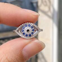 Sweet Women's Blue Evil Eye Cubic Zirconia Ring, Latest Fashion Vintage Evil Eye Tail Ring For Ladies, Bohemian Valentine's Day Gift, Seasonal Wedding Band - Silver - View 2